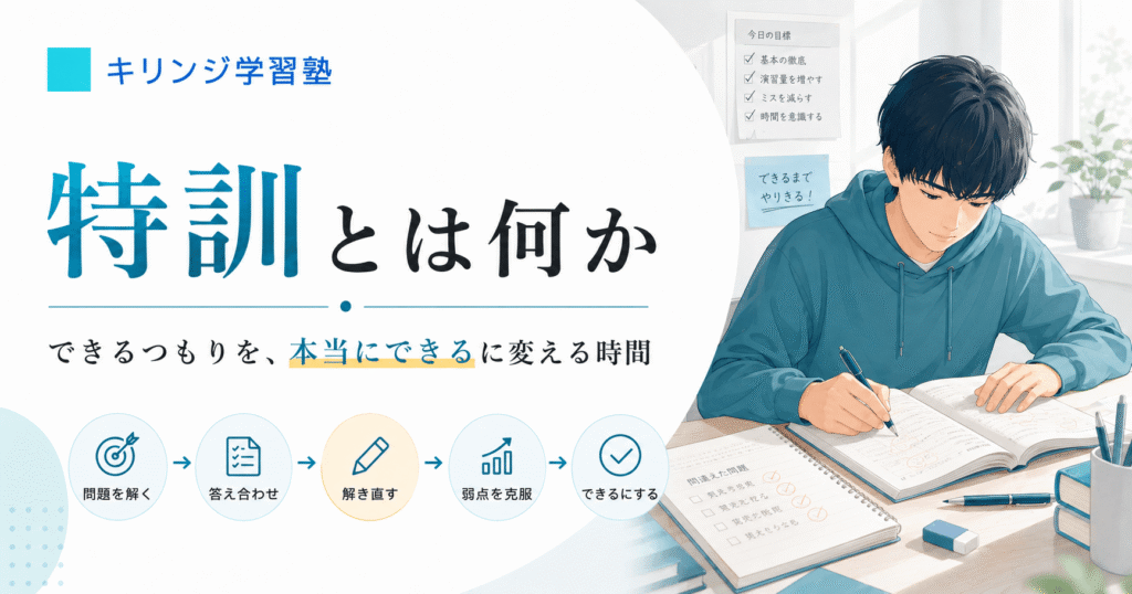 特訓とは何かという見出しと、問題演習に取り組みながらできることを増やす生徒の様子を表したキリンジ学習塾の記事アイキャッチ画像