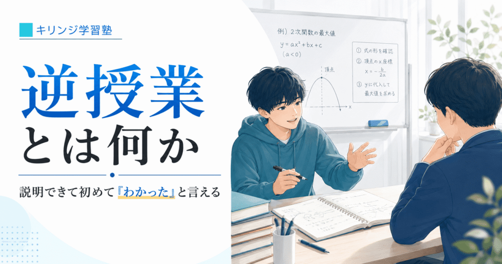 逆授業とは何かという見出しと、生徒が自分の言葉で解き方を説明する様子を表したキリンジ学習塾の記事アイキャッチ画像