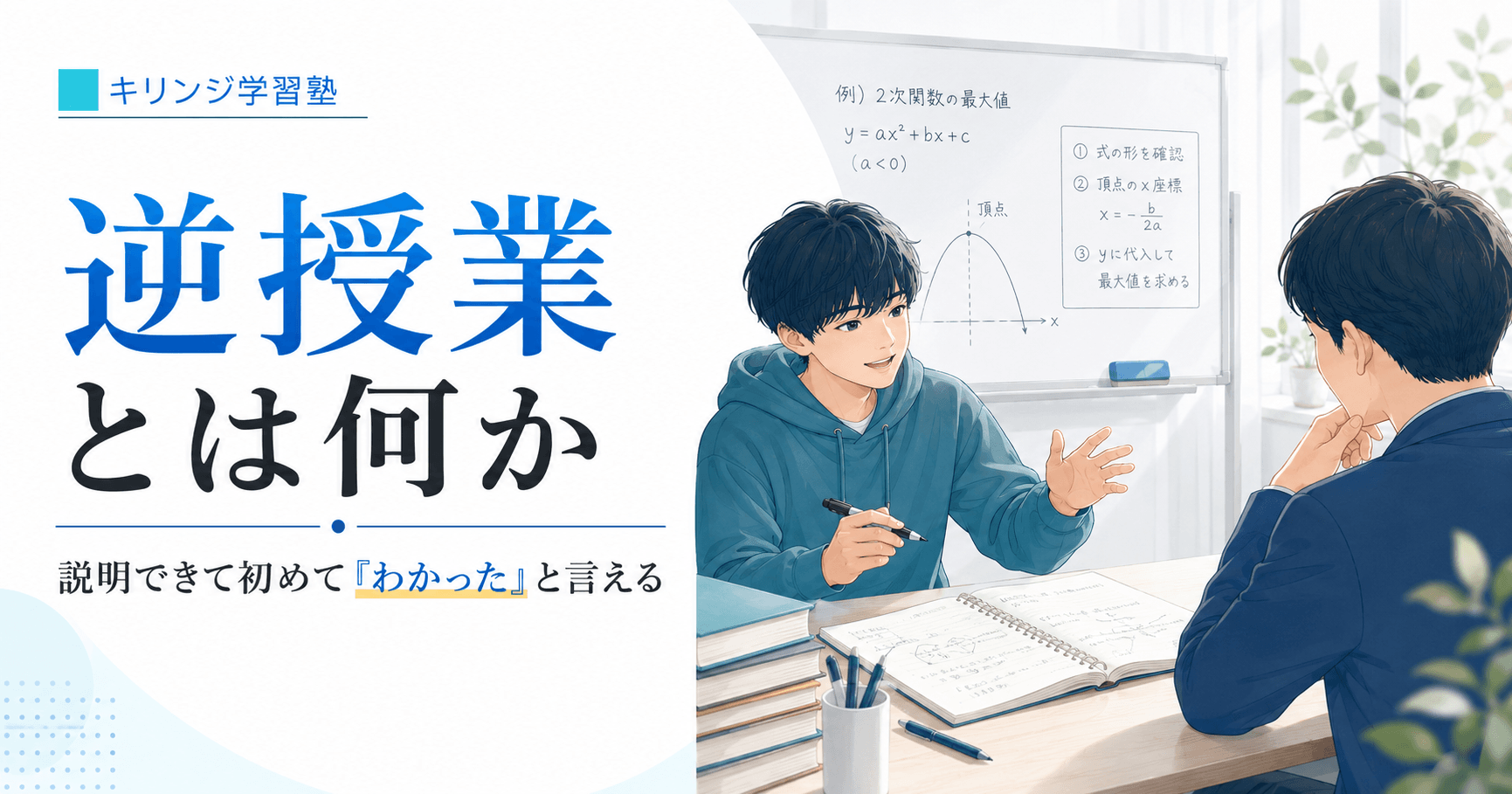 逆授業とは何かという見出しと、生徒が自分の言葉で解き方を説明する様子を表したキリンジ学習塾の記事アイキャッチ画像