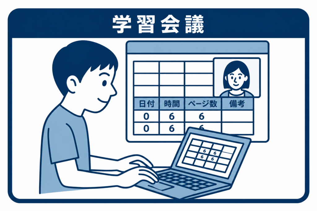 キリンジ学習塾の「学習会議」のイメージ図。講師と生徒がマンツーマンで学習戦略を立てているイラスト。