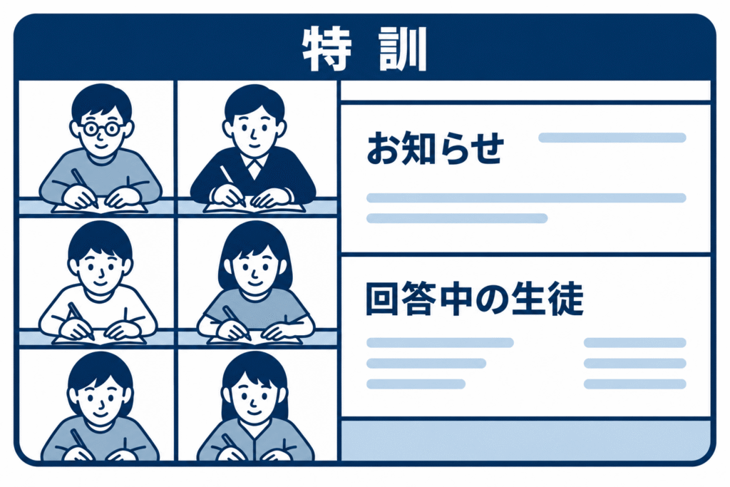 キリンジ学習塾の「特訓」のイメージ図。オンラインの集中演習環境で生徒が勉強に取り組んでいるイラスト。