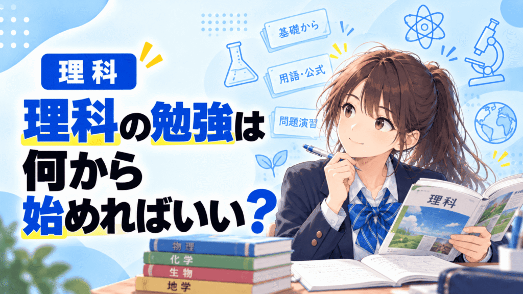 「理科の勉強は 何から 始めればいい？」と書かれた、理科の勉強法に悩む生徒のイラスト